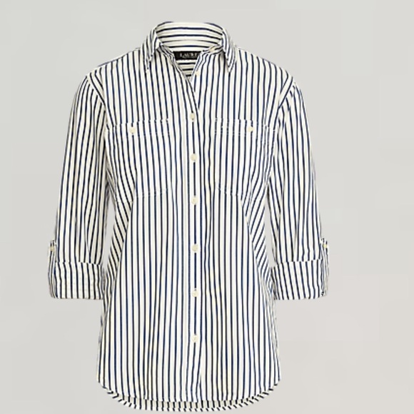 Lauren Ralph Lauren Shirt Women's Size L Relaxed Fit Cotton Roll-Tab-Sleeve Top - Picture 1 of 10